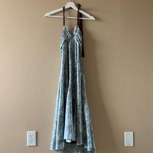Blue silk flower printed backless halter dress